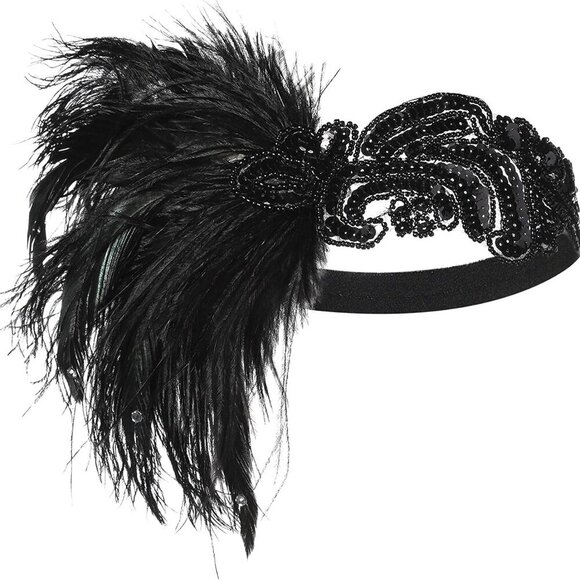1920s Flapper Headband Black Feather Headpiece 20s Gatsby Accessory - Picture 6 of 6